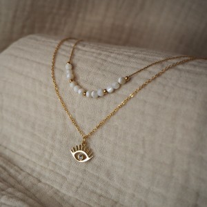 Collier double visio avec oeil de protection et perles blanches